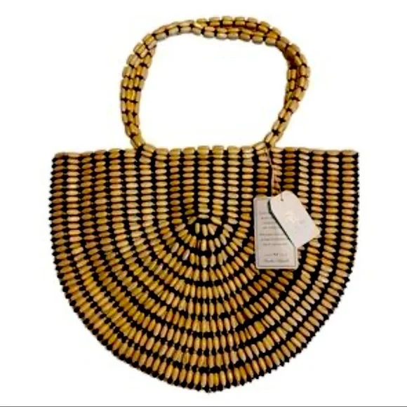 Chic Black/Tan Vacation Stylish Shoulder Bag with Woden Beaded Design - Picture 3 of 6